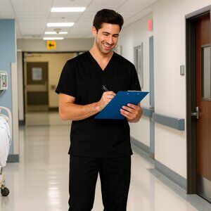 Unisex Black One Pocket Scrub Top V-Neck Short Sleeves